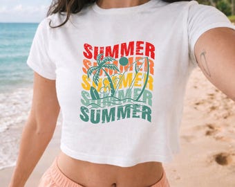 Summer Vintage 90s Y2K Baby Tee, Summer Surf Print, Retro Summer Beach Baby Tee, Palm Tree Surfboard Baby Tee, Tropical Trendy Apparel