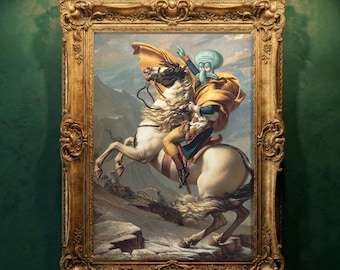 Grumpy Octopus General Portrait, Funny Altered Art Print, Eclectic Dark Academia Wall Decor,90s Cartoon Parody Oil Painting,Digital Download