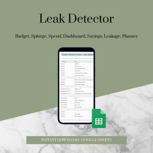 May include: A digital budget planner titled "Leak Detector" displayed on a smartphone screen. The screen shows a weekly expense tracker with categories like food and entertainment. The image includes the text "Budget, Splurge, Spend, Dashboard, Savings, Leakage, Planner."