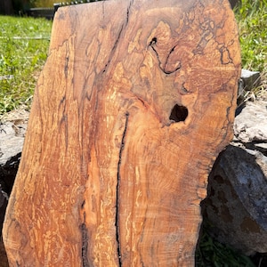 Könnte beinhalten: Eine rechteckige Holzplatte mit einer satten bernsteinfarbenen und braunen Maserung, dunklen, komplexen Verfärbungen, einem markanten vertikalen Riss und einem kleinen, unregelmäßigen Astloch in der Mitte der strukturierten Oberfläche.