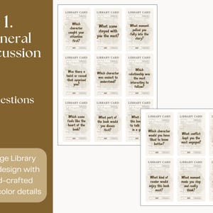 May include: Vintage library card design with hand-crafted watercolor details. The image features a set of discussion cards with questions like "Which character caught your attention first?" and "What moment pulled you fully into the story?"