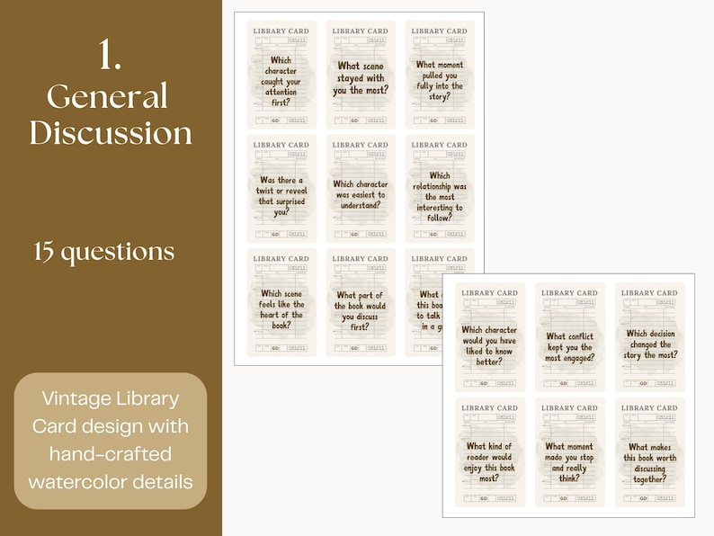May include: Vintage library card design with hand-crafted watercolor details. The image features a set of discussion cards with questions like "Which character caught your attention first?" and "What moment pulled you fully into the story?"