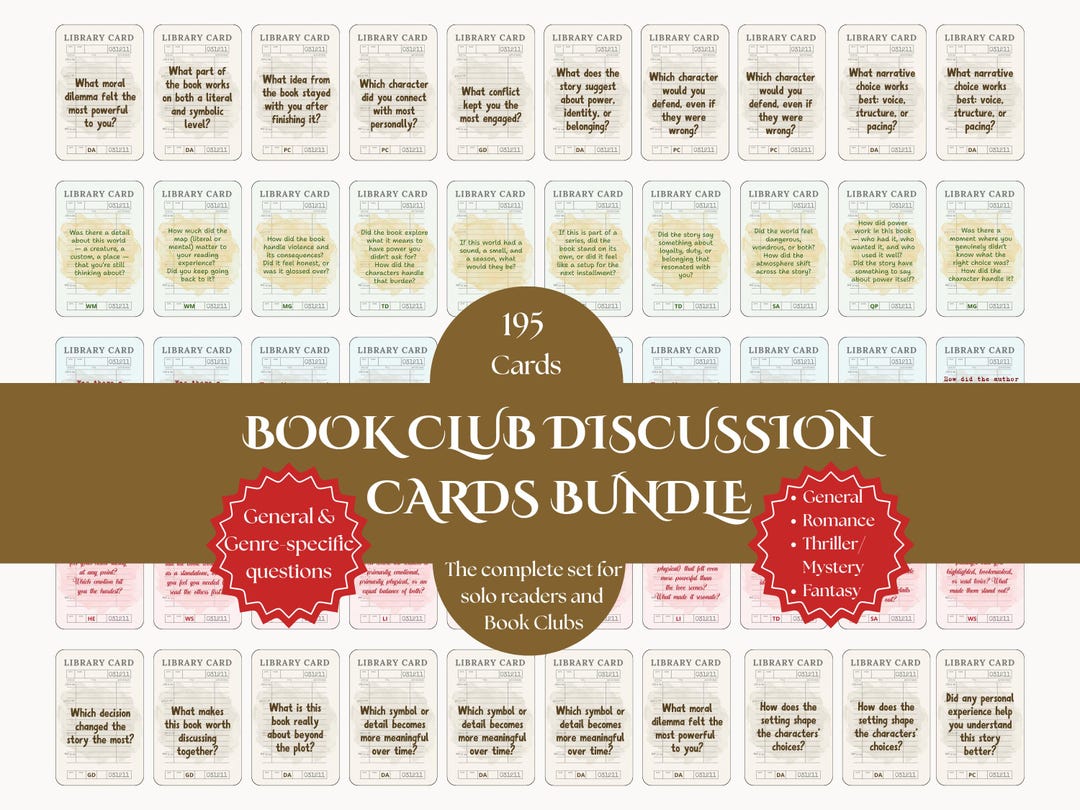 Book Club Discussion Cards Bundle | 195 Printable Questions, 4 Genre ...