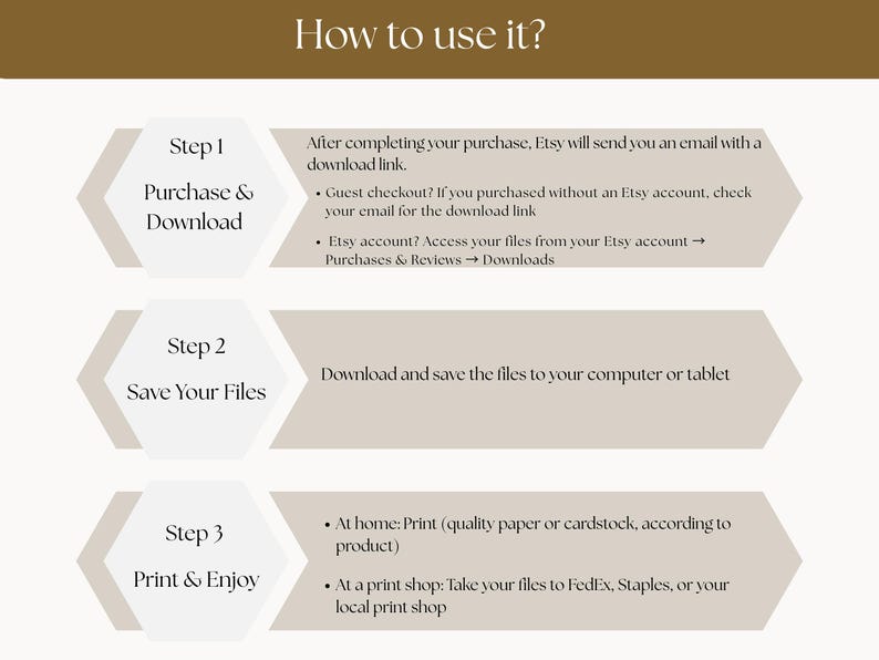 May include: A beige graphic with instructions on how to use a digital product purchased on Etsy. The steps include purchasing and downloading, saving files, and printing. The text is in a serif font with a brown background.