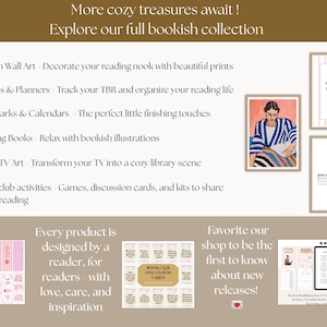 May include: An advertisement for bookish products. The image features framed art prints, journals, bookmarks, and coloring books. Text includes "More cozy treasures await! Explore our full bookish collection."