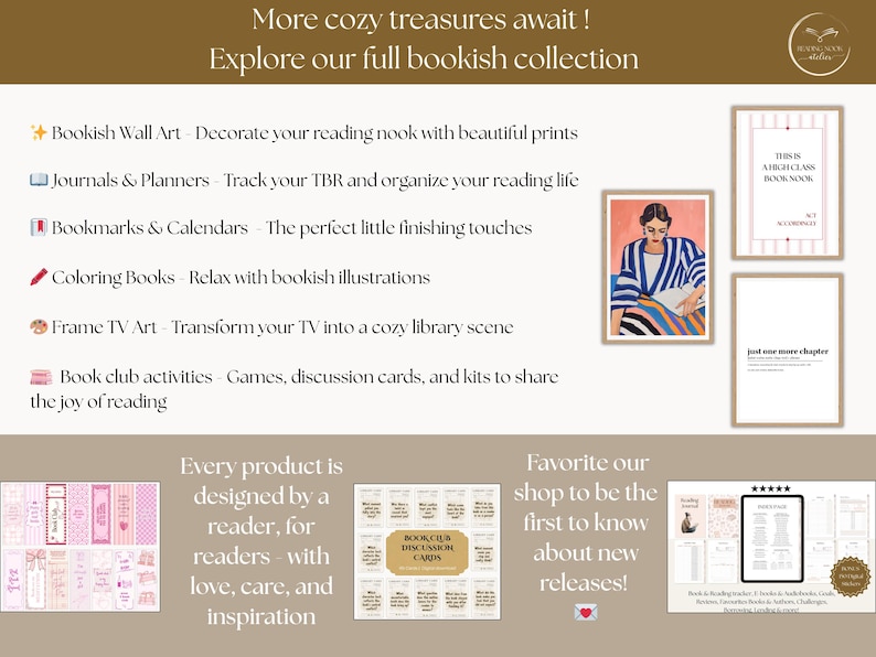 May include: An advertisement for bookish products. The image features framed art prints, journals, bookmarks, and coloring books. Text includes "More cozy treasures await! Explore our full bookish collection."