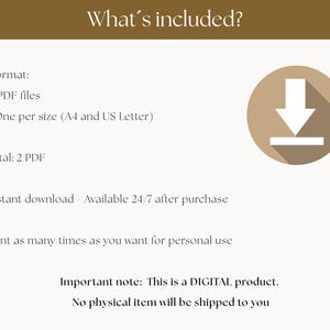 May include: A digital product information graphic with the text "What's included?" and bullet points detailing the format, PDF files, and sizes. A circular icon with a downward arrow is on the right. The text also states that it is a digital product.