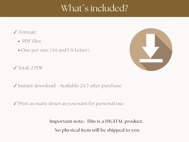 May include: A digital product information graphic with the text "What's included?" and bullet points detailing the format, PDF files, and sizes. A circular icon with a downward arrow is on the right. The text also states that it is a digital product.