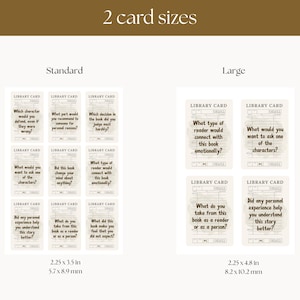 May include: Image shows two sizes of library cards with questions. The standard size is 2.25 x 3.5 inches, and the large size is 2.25 x 4.8 inches. The cards have a vintage aesthetic with questions about books.