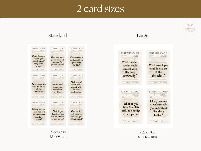 May include: Image shows two sizes of library cards with questions. The standard size is 2.25 x 3.5 inches, and the large size is 2.25 x 4.8 inches. The cards have a vintage aesthetic with questions about books.