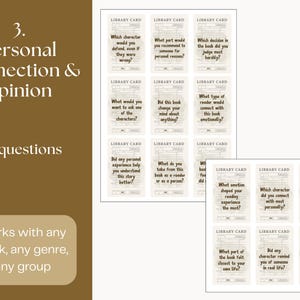 May include: A set of fifteen library cards with questions about personal connections to books. The cards are arranged in a grid, with text such as "Which character would you defend?" and "What emotion shaped your reading experience?"