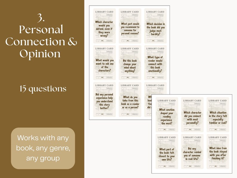 May include: A set of fifteen library cards with questions about personal connections to books. The cards are arranged in a grid, with text such as "Which character would you defend?" and "What emotion shaped your reading experience?"