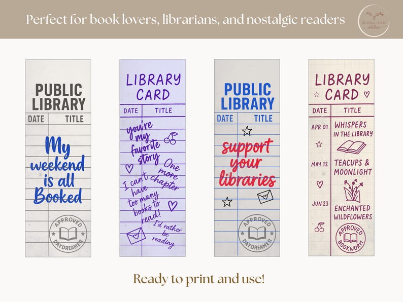 Library Bookmarks Sample Set of 12 Library Card Bookmarks Digital Download | Printable Bookworm ...