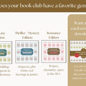 May include: Image features four book club discussion card sets: Fantasy, Thriller/Mystery, Romance, and a bundle. Each set has a unique color scheme and theme. The text includes "Does your book club have a favorite genre?" and details about each genre.