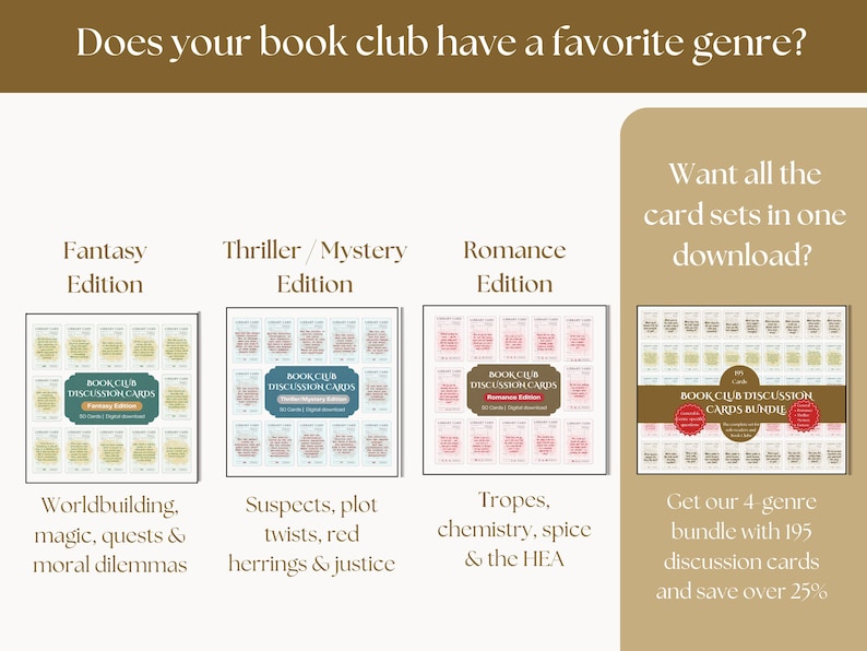 May include: Image features four book club discussion card sets: Fantasy, Thriller/Mystery, Romance, and a bundle. Each set has a unique color scheme and theme. The text includes "Does your book club have a favorite genre?" and details about each genre.
