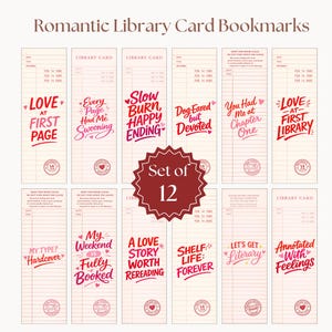 Puede incluir: Juego de 12 marcapáginas románticos con diseño de tarjeta de biblioteca. Cada marcapáginas presenta un diseño de tarjeta de biblioteca vintage con frases como "Love at First Page" y "Slow Burn, Happy Ending" en rojo y rosa. Fondo crema.
