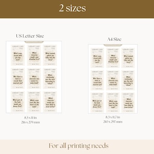 May include: Two sets of library cards in US Letter size (8.5 x 11 inches) and A4 size (8.3 x 11.7 inches). Each card features questions about books, with text like "What some stayed with you the most?" and "Which character caught your attention first?" The cards are beige with a vintage aesthetic.