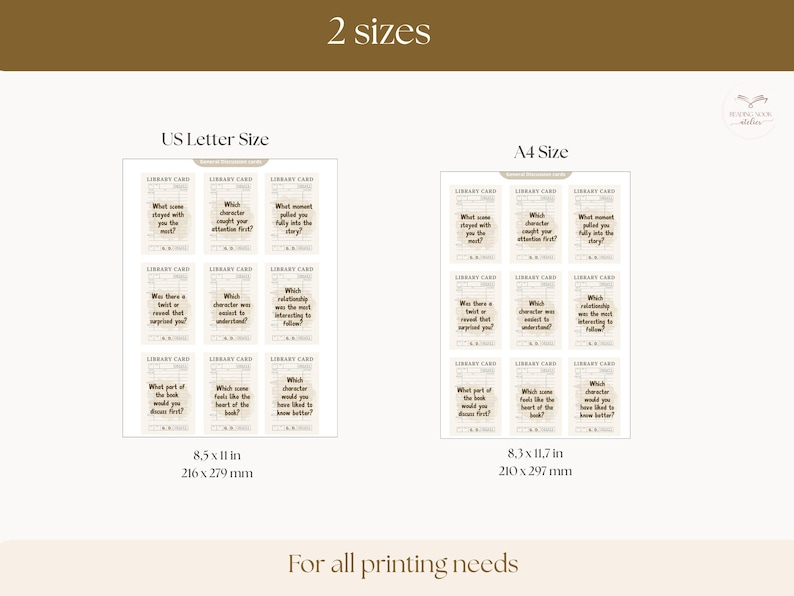 May include: Two sets of library cards in US Letter size (8.5 x 11 inches) and A4 size (8.3 x 11.7 inches). Each card features questions about books, with text like "What some stayed with you the most?" and "Which character caught your attention first?" The cards are beige with a vintage aesthetic.