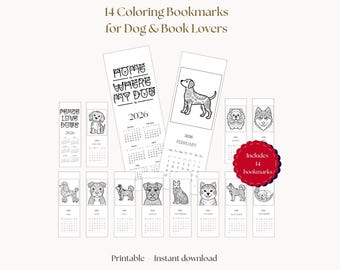 Dog Coloring Bookmarks 2026 Calendar | Printable Bookmark Set for Book Lovers | Animal Bookmarks Digital Download