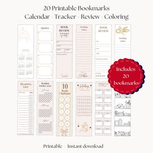 May include: A set of 20 printable bookmarks with calendar, tracker, review, and coloring designs. The bookmarks feature text and illustrations in a minimalist style, with a red circle that says "Includes 20 bookmarks/". The words "Printable - Instant download" are at the bottom.