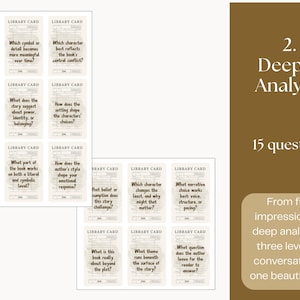 May include: A set of library cards with questions for deeper analysis of books. The cards are white with black text and a vintage aesthetic. The text on the cards includes questions about plot, characters, and themes. The image also includes text that says "2. Deeper Analysis, 15 questions."