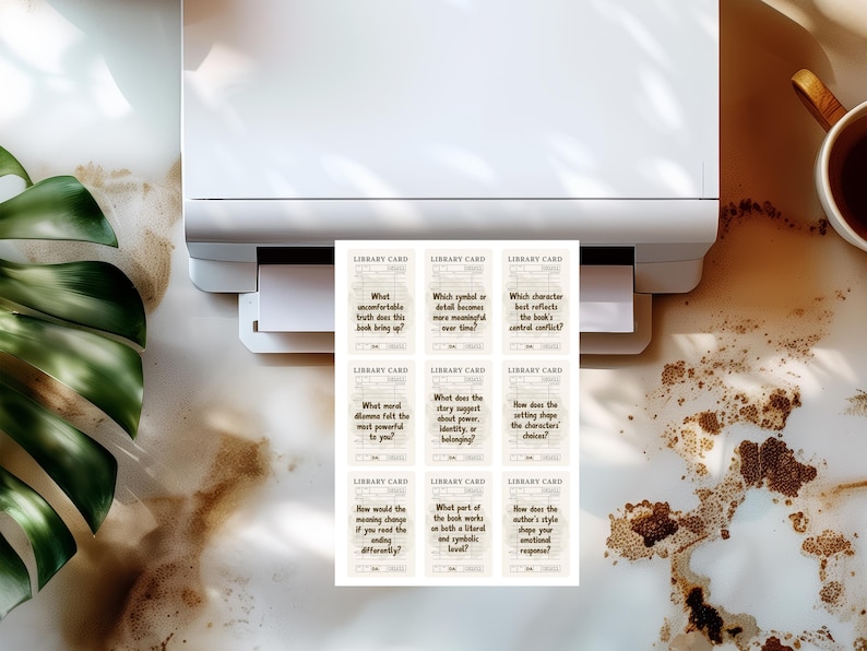 May include: A white printer printing nine library cards with text. The cards have a vintage aesthetic with questions like "What uncomfortable truth does this book bring up?" and "Which symbol or detail becomes more meaningful over time?"