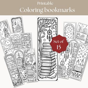 May include: A set of 15 printable coloring bookmarks. The bookmarks feature various designs, including stacks of books, dream catchers, castles, and bookshelves. The text "Coloring bookmarks" is at the top.