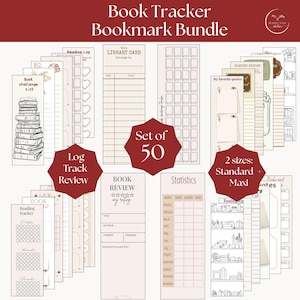 Puede incluir: Un conjunto de 50 marcapáginas de papel con varios diseños de seguimiento de lectura, incluyendo registros de lectura, tarjetas de biblioteca, reseñas de libros y tablas de estadísticas. Incluye dos tamaños, estándar y maxi, con texto e ilustraciones.