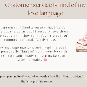 May include: Image features text: "Customer service is kind of my love language." Additional text includes a promise of quick replies and personalized help. A watercolor illustration of stacked books and a coffee cup is also present.