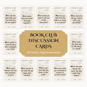 Tarjetas de debate para actividades de club de lectura, 45 preguntas estilo tarjeta de biblioteca, juego imprimible, descarga digital
