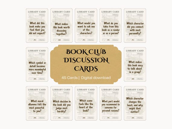 Book Club Discussion Cards, 45 Library Card Questions, Book Club Activities and Games, Book Club Printable Review Cards (PDF download)