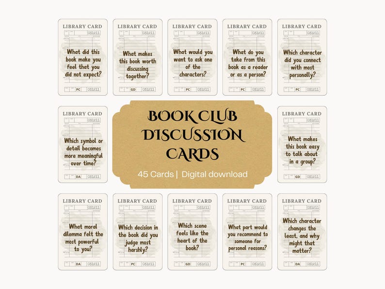 Book Club Discussion Cards, 45 Library Card Questions, Book Club Activities and Games, Book Club Printable Review Cards (PDF download) image 1