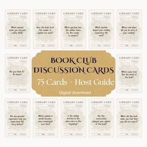 Könnte beinhalten: Ein Set rechteckiger Karten im Design alter Bibliothekskarten, die jeweils eine Diskussionsfrage enthalten. Ein zentrales beiges Etikett zeigt den Text: Book Club Discussion Cards, 75 Cards + Host Guide, Digital download.