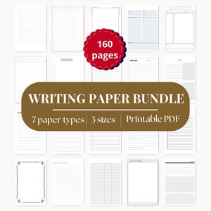 May include: A writing paper bundle with 160 pages, 7 paper types, and 3 sizes. The bundle includes printable PDF pages with various designs, including lined, grid, and blank pages. The text "Writing Paper Bundle" is displayed in a brown oval.