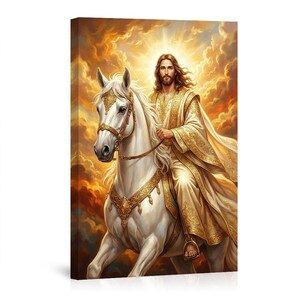 May include: A canvas print depicts a figure with long hair and a beard riding a white horse. The figure wears a gold-trimmed robe and is set against a backdrop of golden clouds and light. The horse has ornate gold tack.