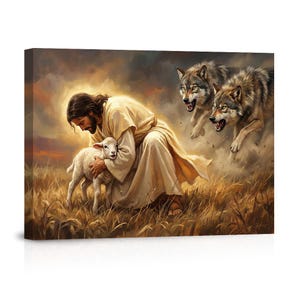 May include: A canvas print depicts a biblical scene. A figure in a cream-colored robe cradles a lamb in a field of tall grass. Two wolves with bared teeth are in the background. The artwork has a warm, golden color palette.