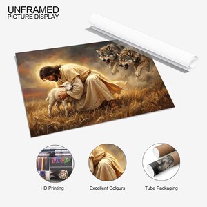 May include: An unframed picture display featuring a religious scene. The artwork depicts a figure in a cream-colored robe embracing a lamb, with two wolves in the background. The text "UNFRAMED PICTURE DISPLAY" is at the top.