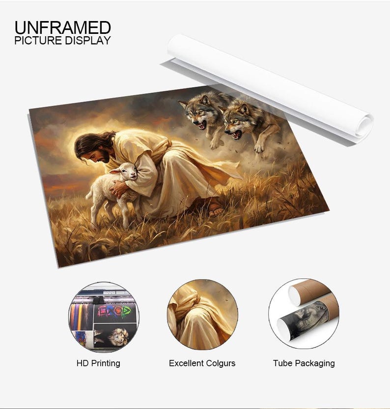 May include: An unframed picture display featuring a religious scene. The artwork depicts a figure in a cream-colored robe embracing a lamb, with two wolves in the background. The text "UNFRAMED PICTURE DISPLAY" is at the top.