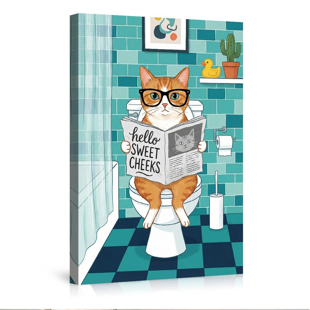 Funny Orange Cat on Toilet Reading Newspaper Canvas Wall Art, Playful ...