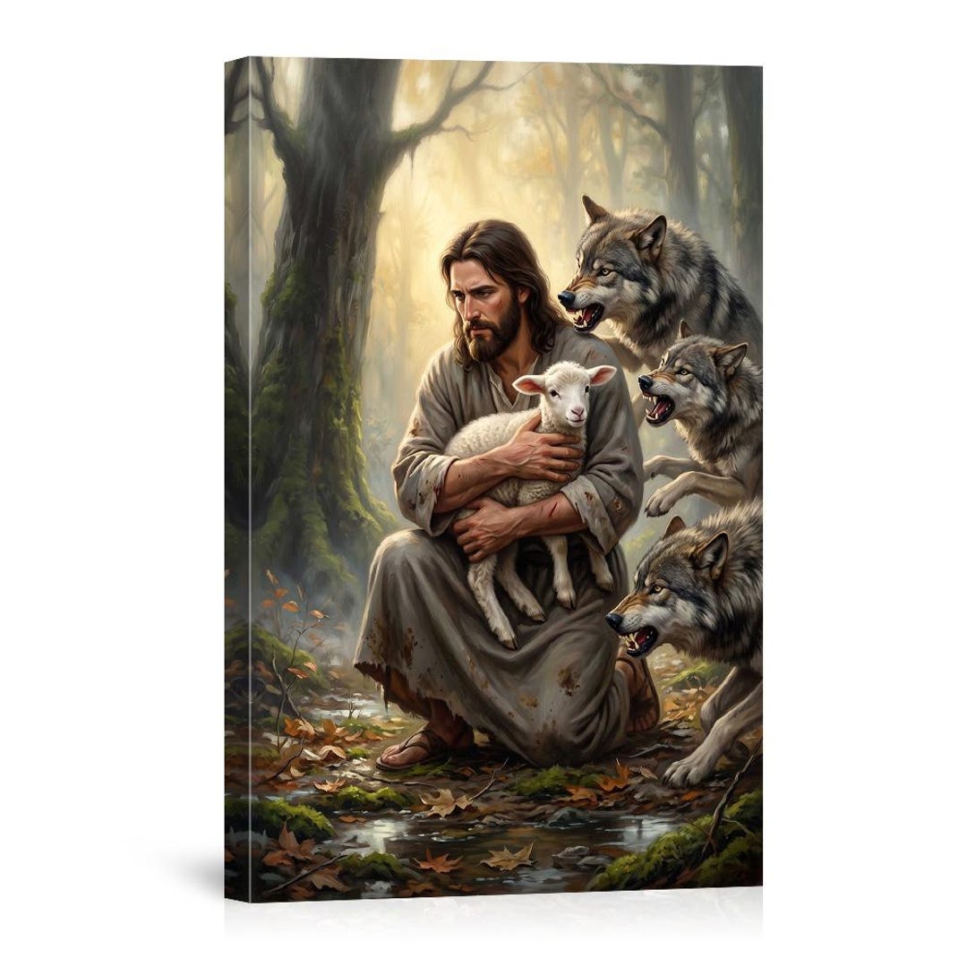 Jesus Holding Lamb Wolves Forest Canvas Print Religious Wall Art ...