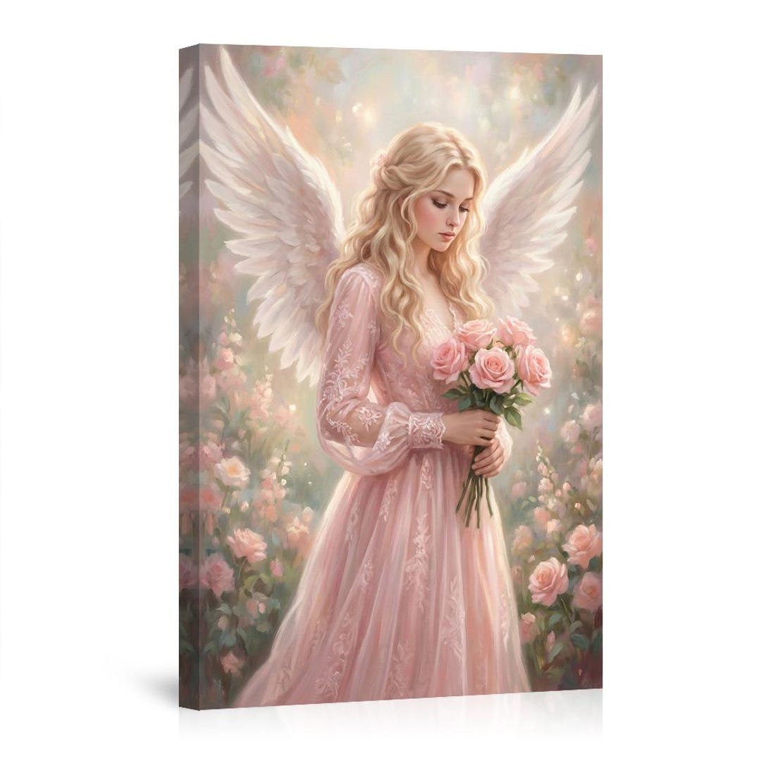 Angel With Roses Canvas Wall Art Print, Seraphic Floral Poster, Spring ...