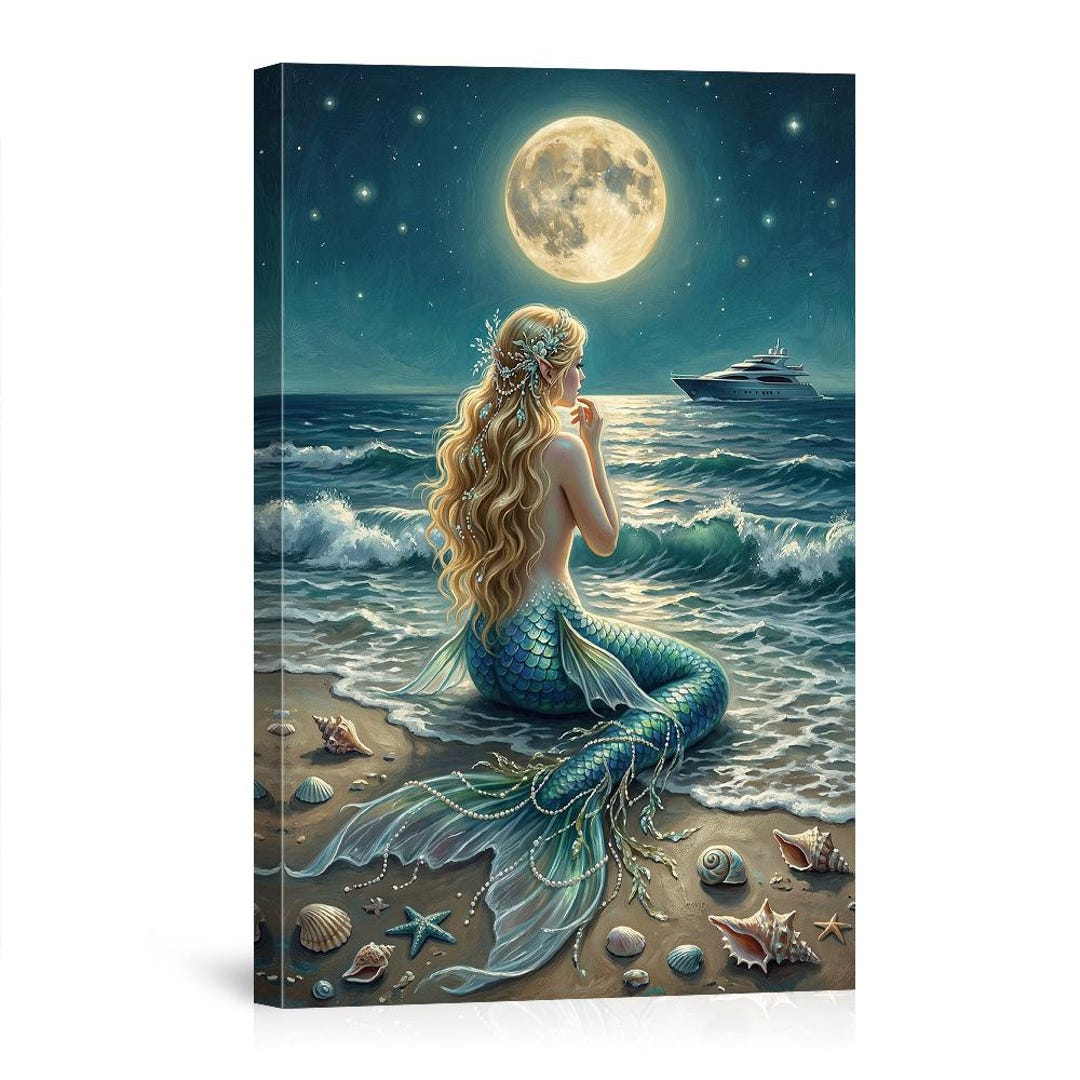 Mermaid on Beach Under Full Moon Canvas Wall Art - Mythical Sea Siren ...