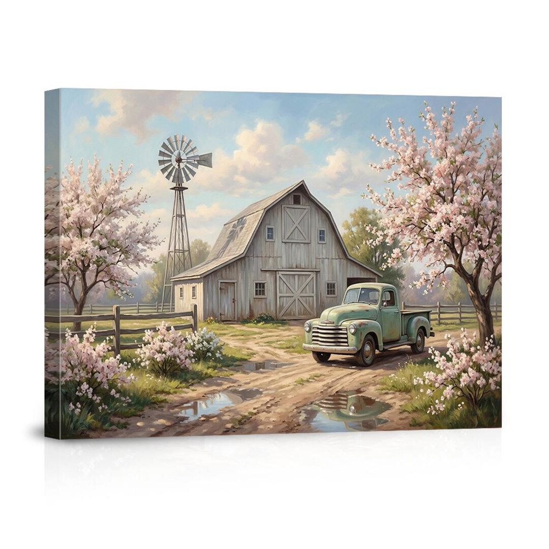 Spring Farm Barn Vintage Truck Windmill Canvas Wall Art – Rustic ...
