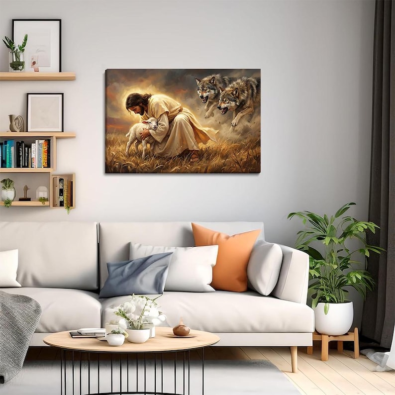 May include: A canvas print depicts a religious scene with a figure in a cream-colored robe cradling a lamb in a field. Two wolves are in the background. The artwork has a warm color palette with a golden halo.