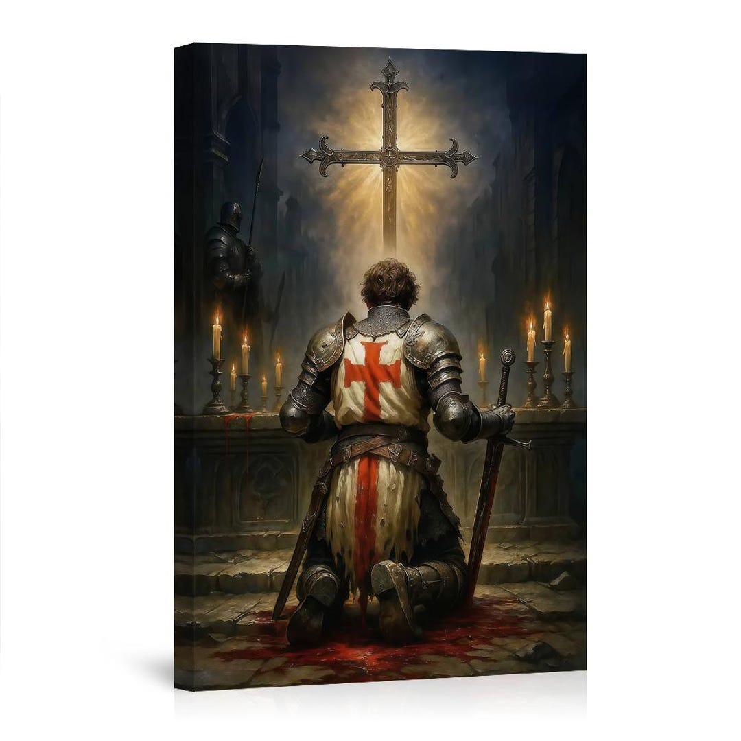 Knight Kneeling Before Cross Canvas Print, Medieval Religious Wall Art ...
