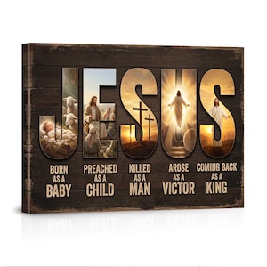May include: A framed canvas print with the word "JESUS" in large, textured letters. The letters are filled with images depicting key moments in Jesus' life, including his birth, ministry, crucifixion, resurrection, and second coming. The background is a dark wood.