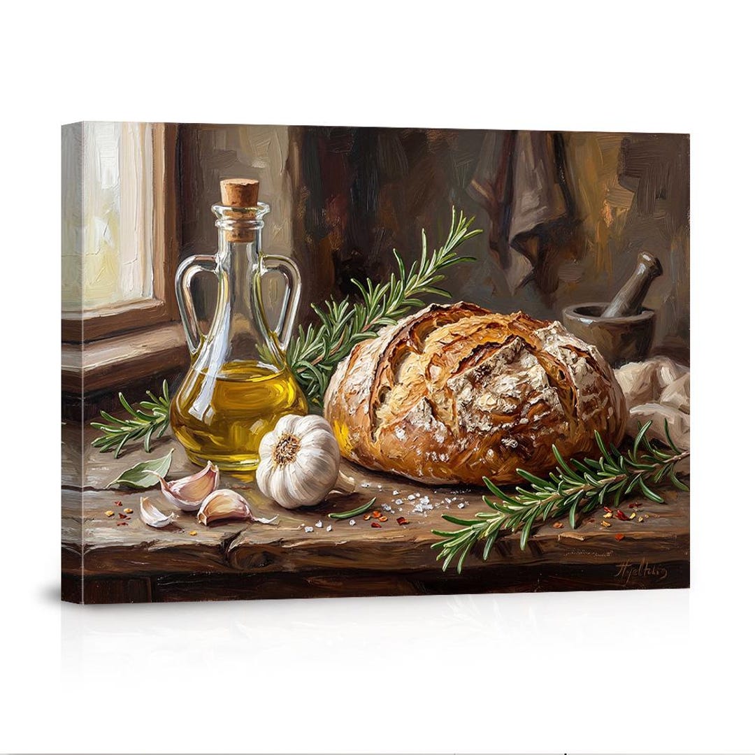 Farmhouse Kitchen Still Life Oil Painting Canvas Print, Rustic Bread ...