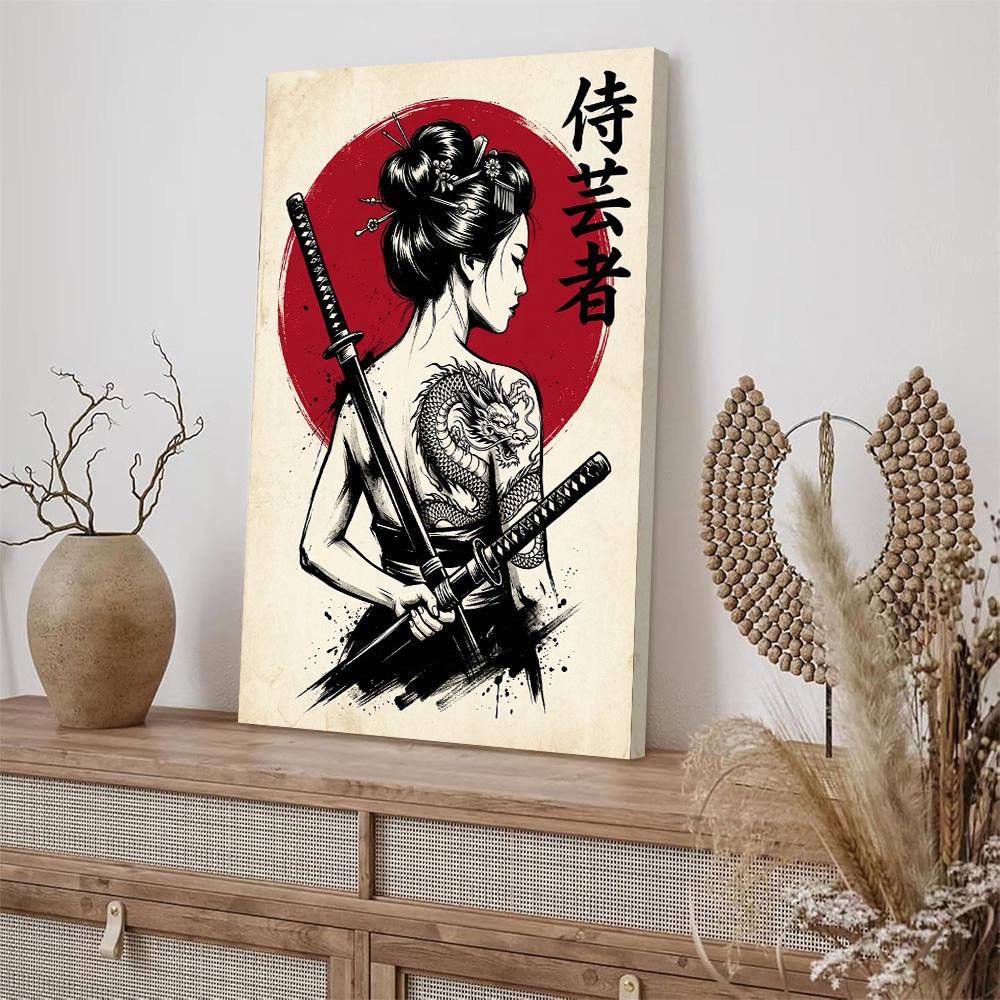 Japanese Geisha Samurai Woman With Dragon Tattoo Canvas Art, Vintage ...