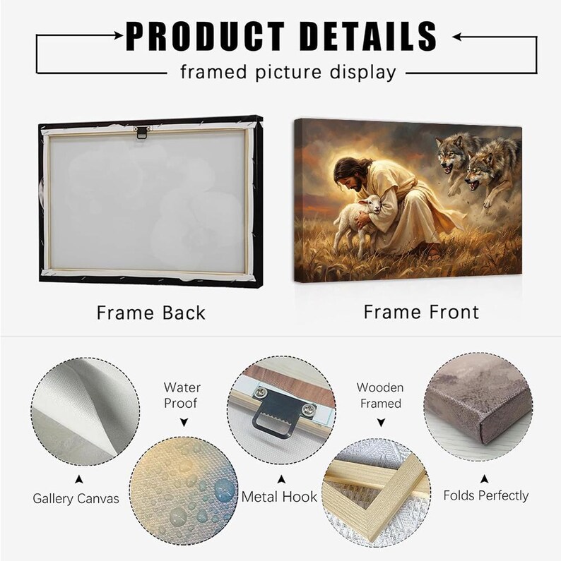 May include: A framed canvas print with the text "PRODUCT DETAILS" and "framed picture display". The image shows the back and front of the framed print, along with details of the canvas, metal hook, and wooden frame.