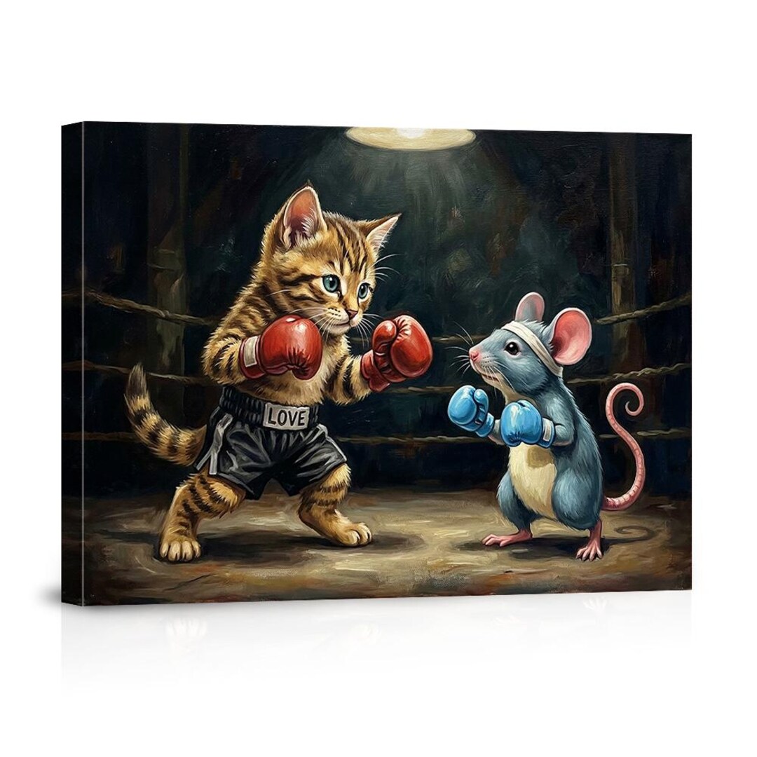 Funny Boxing Cat and Mouse Canvas Wall Art – Humorous Animal Poster ...